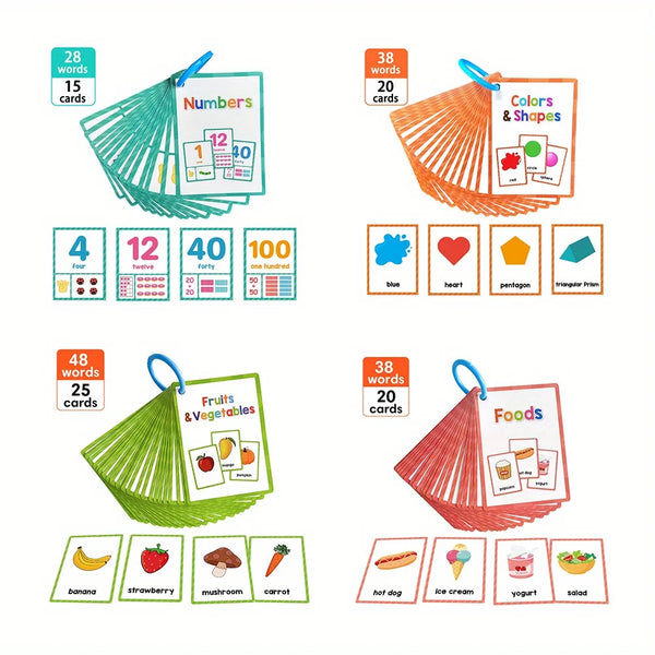 A collection of learning cards featuring numbers, colors, shapes, fruits, and vegetables for children.