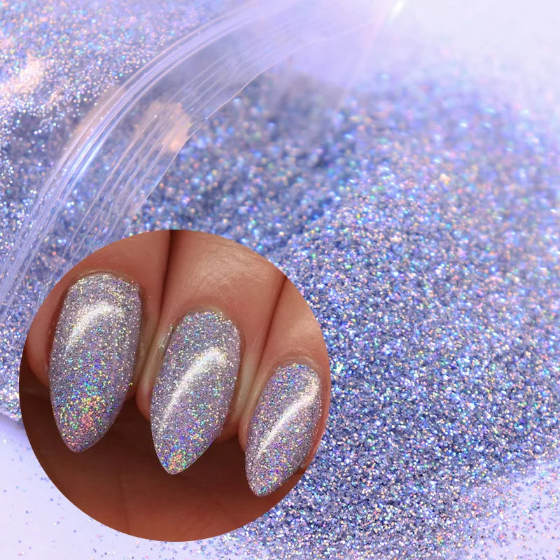 Close-up of a hand displaying holographic fine glitter powder for crafting projects