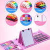 A pink art set box showing various colored leads, watercolor pens, crayons, and oil painting sticks.