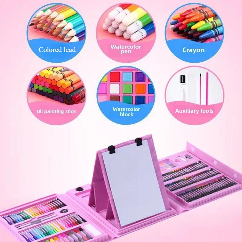 A pink art set box showing various colored leads, watercolor pens, crayons, and oil painting sticks.