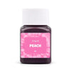 A dark purple textile fabric dye kit labeled Peach in a glass bottle with a white cap.