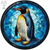 A jigsaw puzzle depicting a penguin in blue and white against a bright blue background.