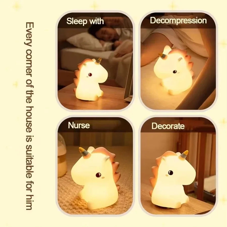 A cute unicorn silicone LED night light is shown in various contexts including sleep, decompression, and decoration.