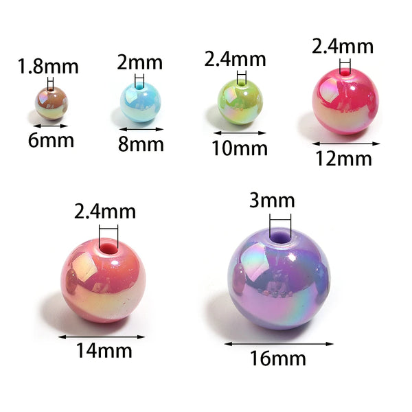 A series of round acrylic spacer beads in various sizes and colors, ranging from 1.8mm to 2.4mm, shown with corresponding mea