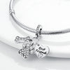 A sterling silver charm bracelet with a heart pendant engraved with the words Best Friend