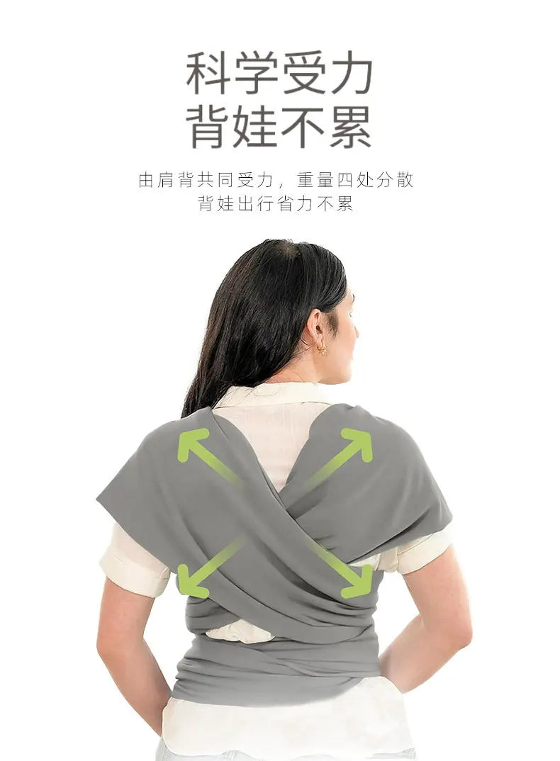 A gray ergonomic baby sling carrier is shown being worn on a person's torso.