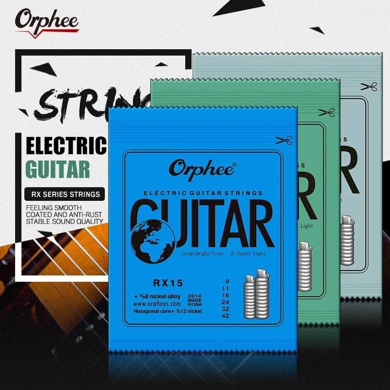 A box of Orphee RX series electric guitar strings for a guitar, showing various gauges and string types.