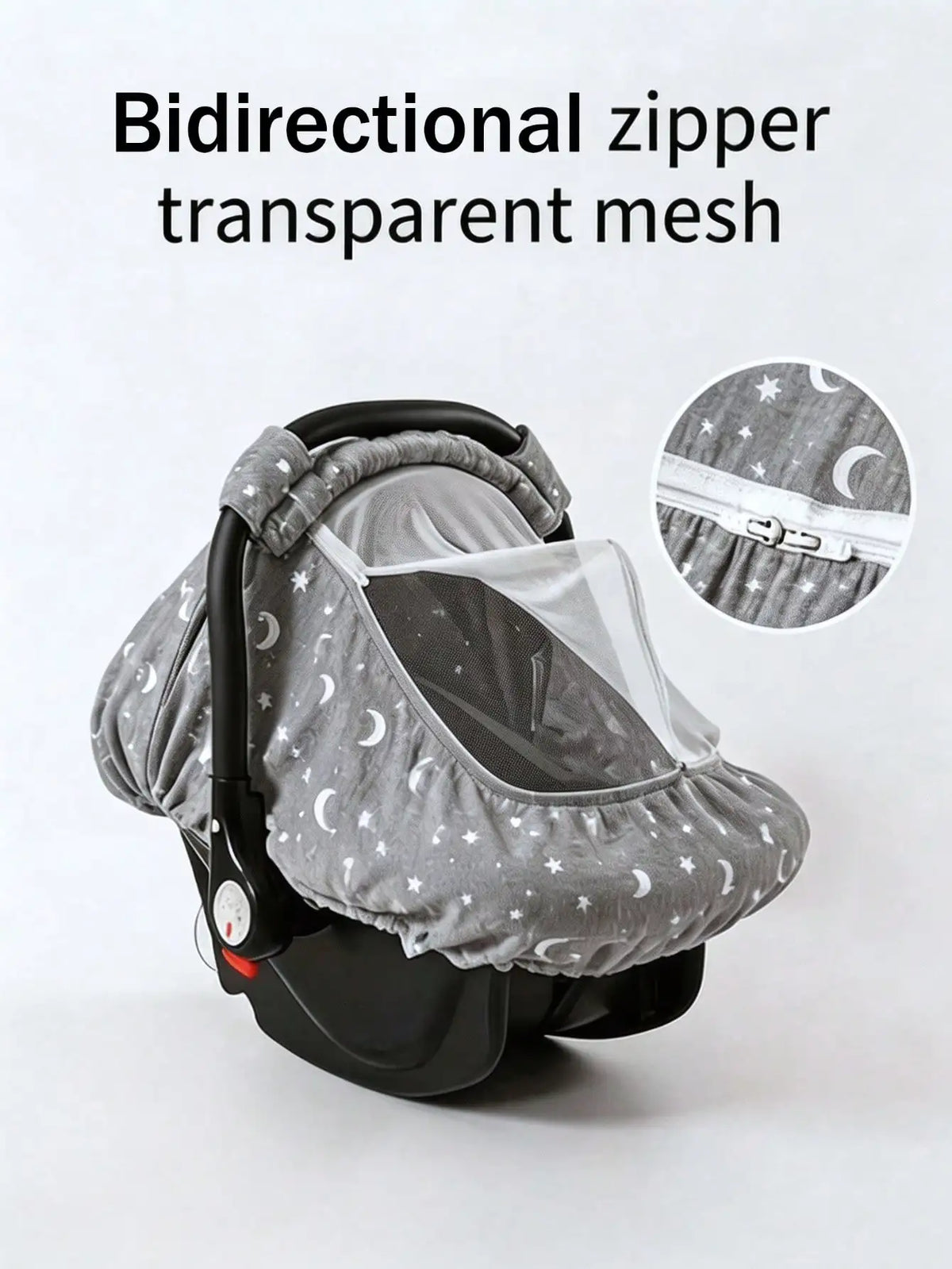 A gray baby stroller sunshade cover featuring a bidirectional zipper and transparent mesh for mosquito protection.