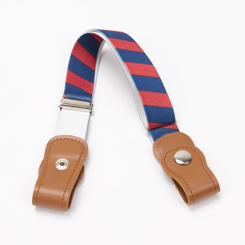 A kids canvas belt with blue and red striped elastic stretch and a brown leather buckle.