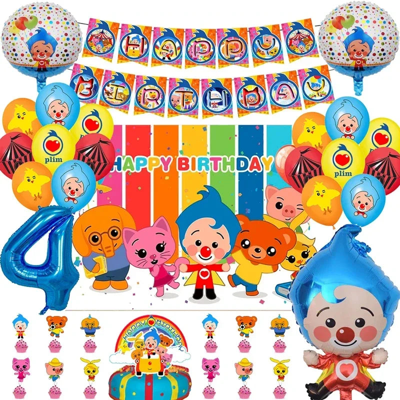 Colorful balloon party decorations featuring circus clowns and balloons for a child's birthday