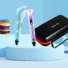 A black 3D Pen with a red case and a purple 3D Pen displayed on a light blue background.