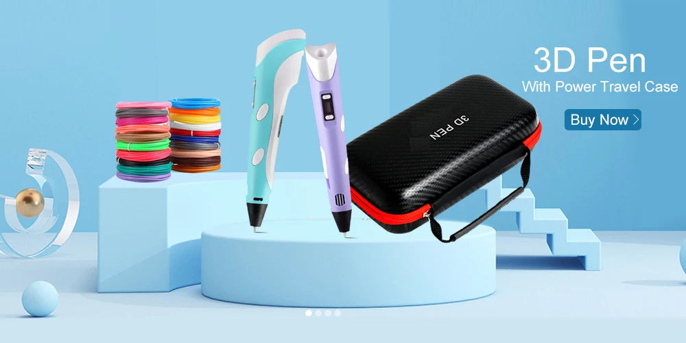 A black 3D Pen with a red case and a purple 3D Pen displayed on a light blue background.