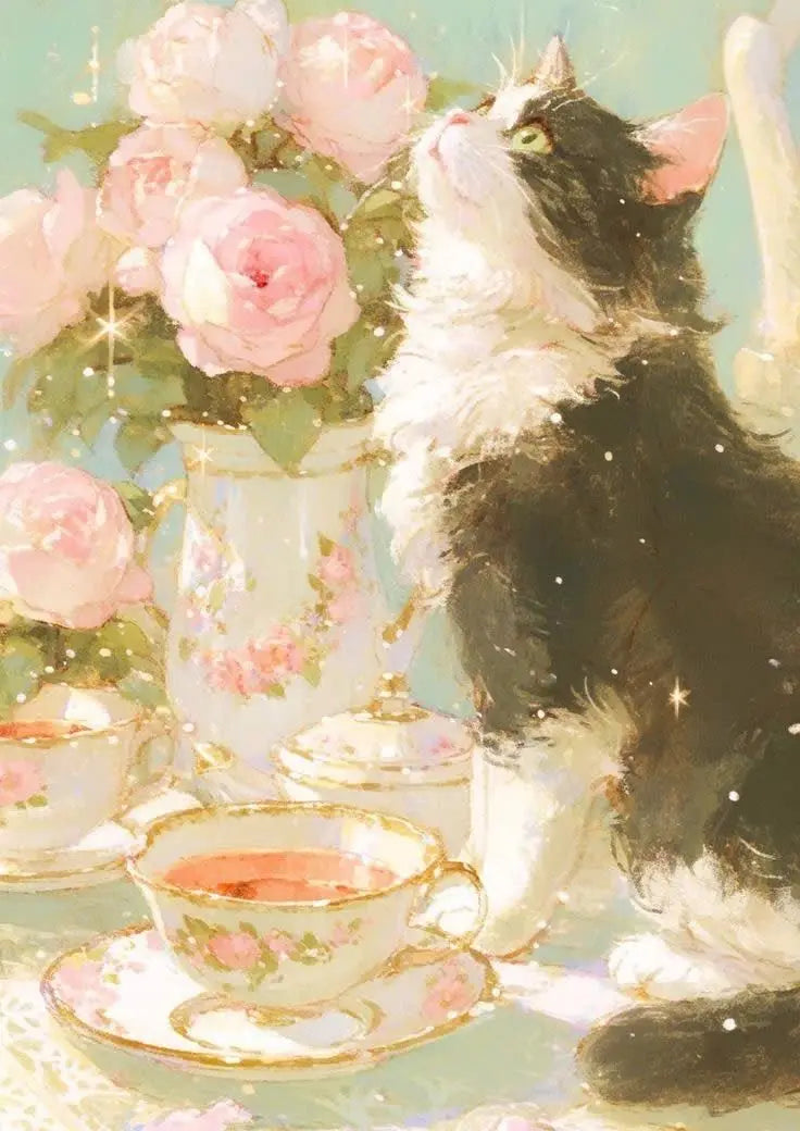 A fluffy black and white cat sits next to a pink floral arrangement and a teacup on a light green surface.