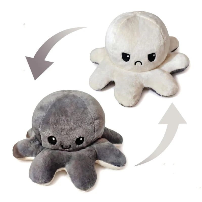 A plush toy of an octopus with a distressed expression, shown in two different colors.