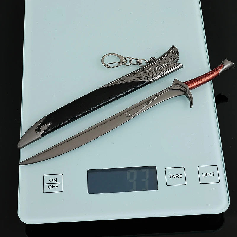 A replica Orcrist sword collectible featuring a black blade with an ornate hilt and a silver chain, displayed on a light blue