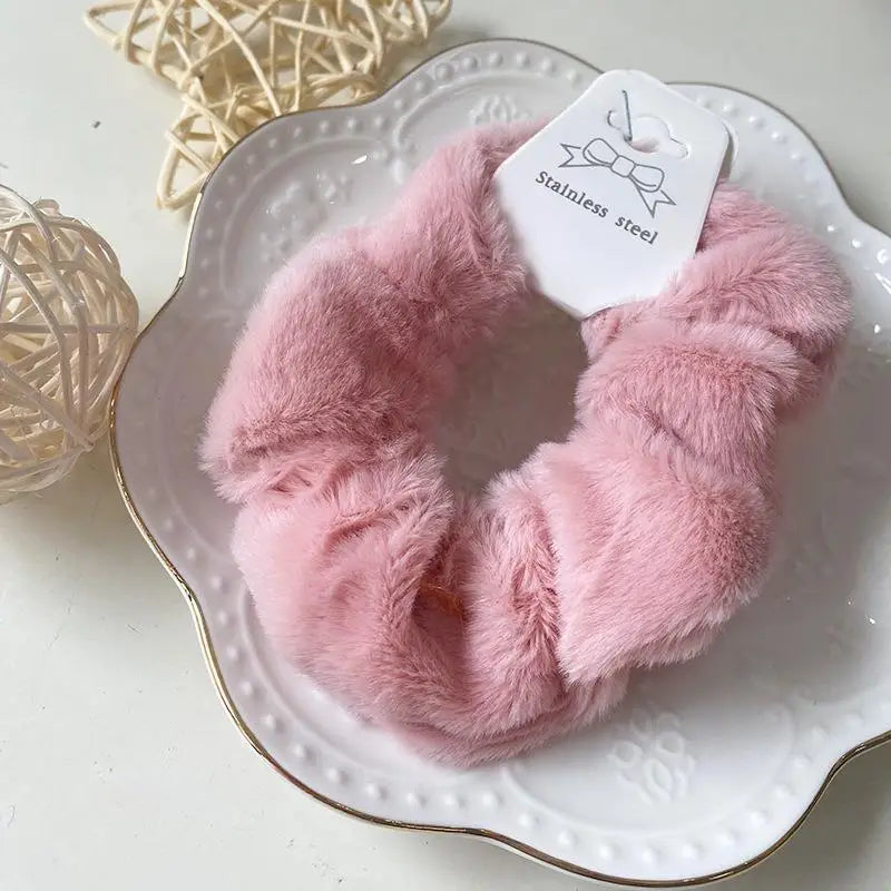 Plush Knit Scrunchie Hair Ties with Leather Accent