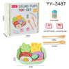 A wooden salad pretend play food set including various fruits and vegetables and utensils for children