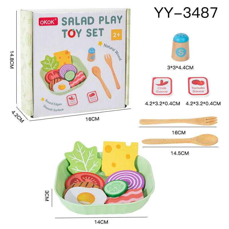 A wooden salad pretend play food set including various fruits and vegetables and utensils for children