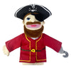 A plush hand puppet of a man with a beard wearing a red jacket and a black hat with a skull design.