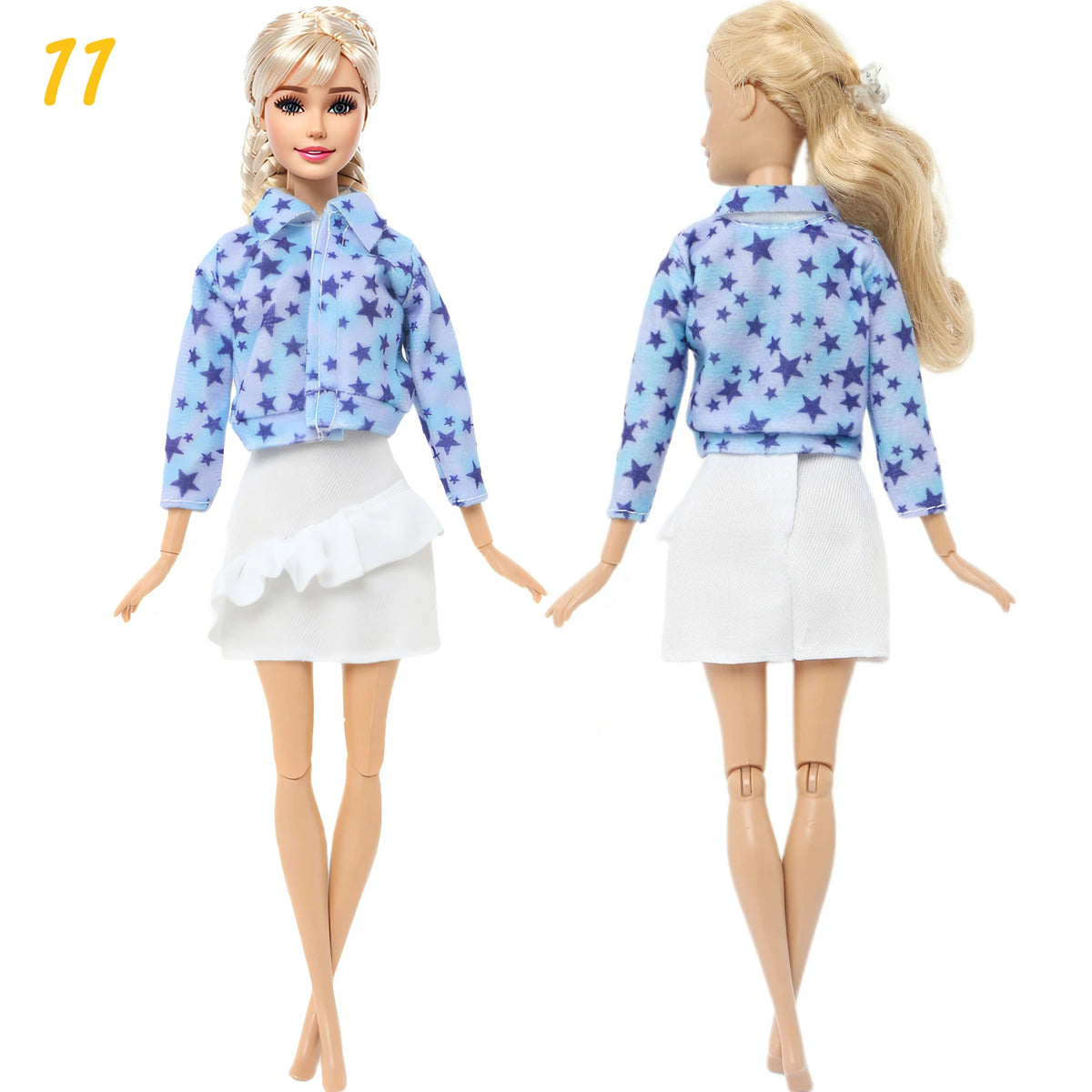 Fashion Doll Outfit Set – Wave Point Dress & Denim Grid Skirt for 11.5–12 Inch Dolls