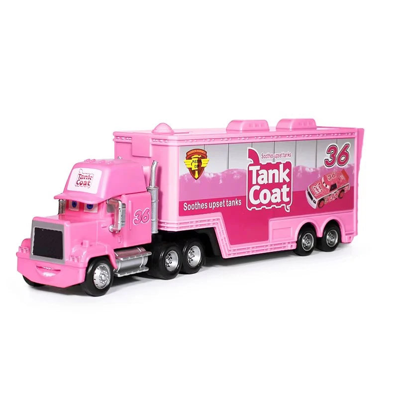 Pink diecast toy hauler truck with a tank coat design and the number 36