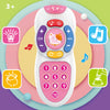 A white interactive baby remote control toy featuring buttons for TV, music, and volume, with a cute cat face design.
