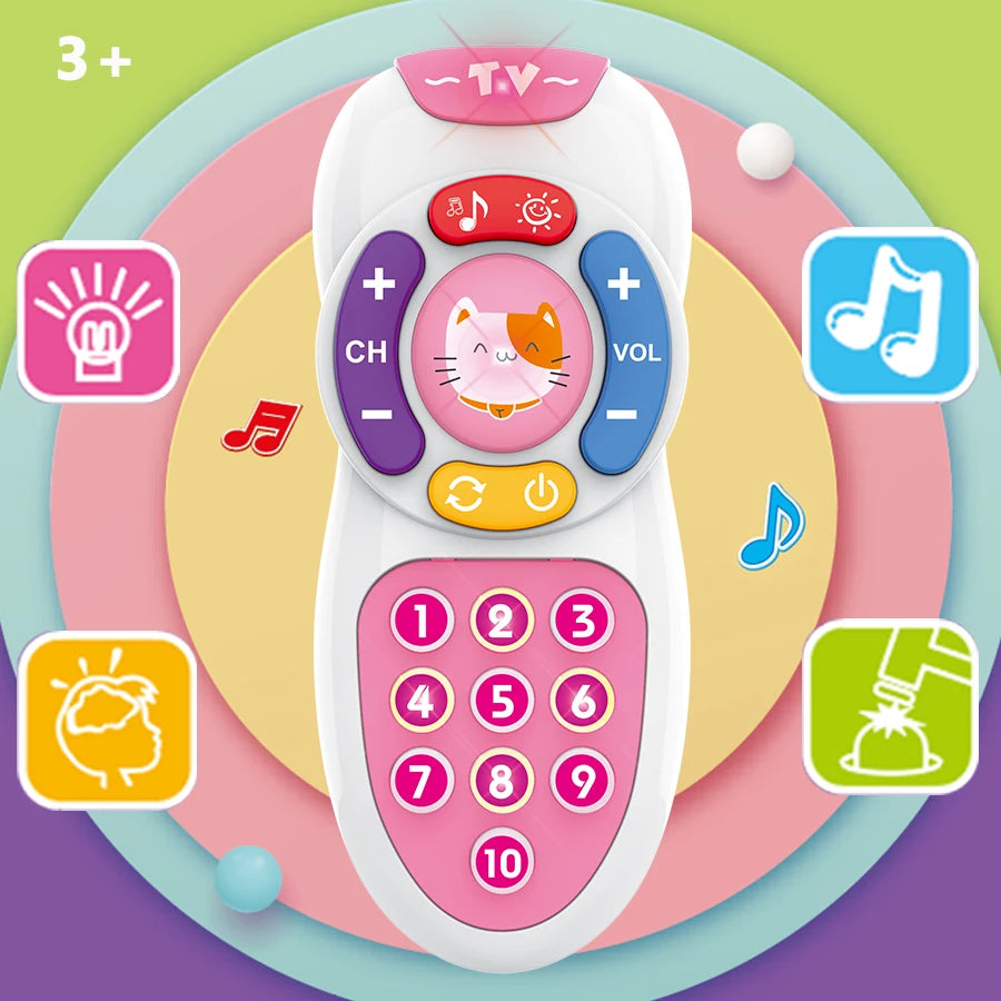 A white interactive baby remote control toy featuring buttons for TV, music, and volume, with a cute cat face design.