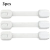 Three white adhesive baby safety locks for cabinets and drawers shown side by side.
