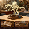A detailed dinosaur fossil model built from building blocks displayed on a wooden base.