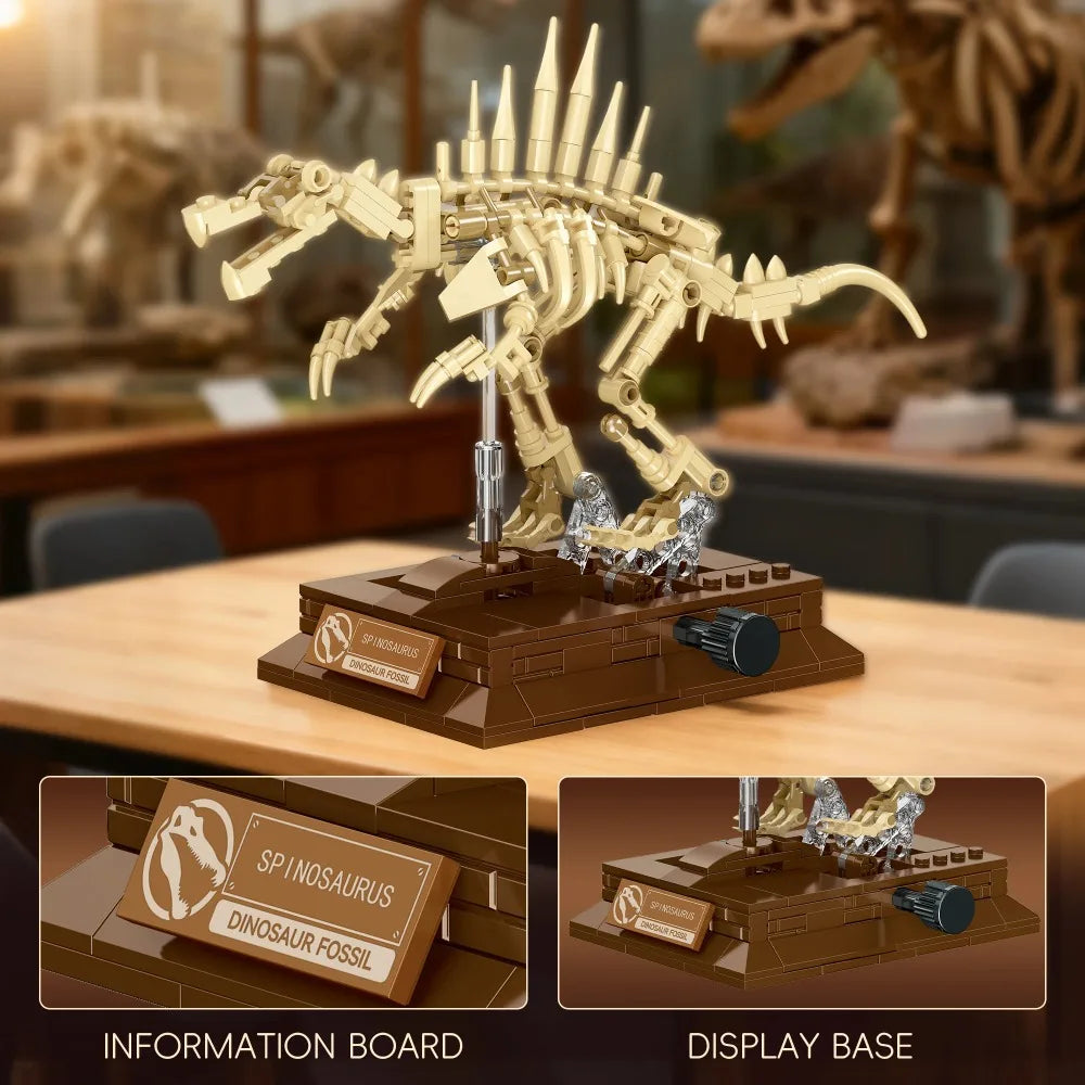 A detailed dinosaur fossil model built from building blocks displayed on a wooden base.
