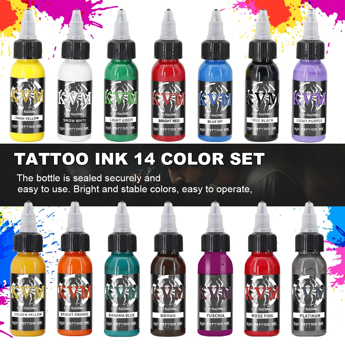 A set of fourteen colored tattoo inks in glass bottles displayed against a white background.