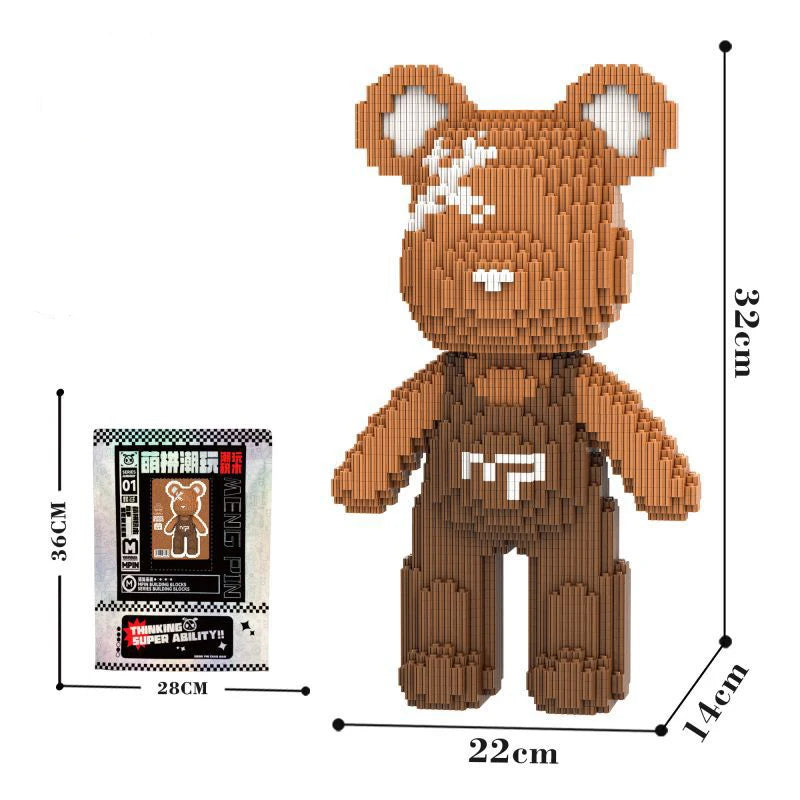 A brown bear figure made of wooden building blocks with white markings, shown next to its packaging.