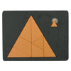 A dark wooden puzzle featuring an orange triangular shape with internal geometric divisions and a smaller triangle above it.