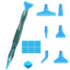 A set of diamond painting pens with interchangeable metal tips and multi-placers shown in various forms.