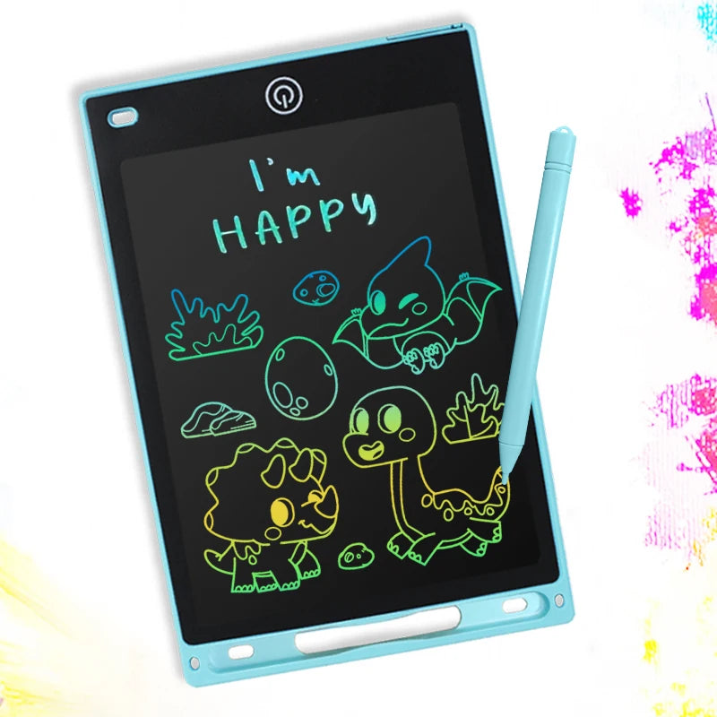 A teal writing tablet displaying the text I'm HAPPY in neon green handwriting, surrounded by cute dinosaur and monster doodle