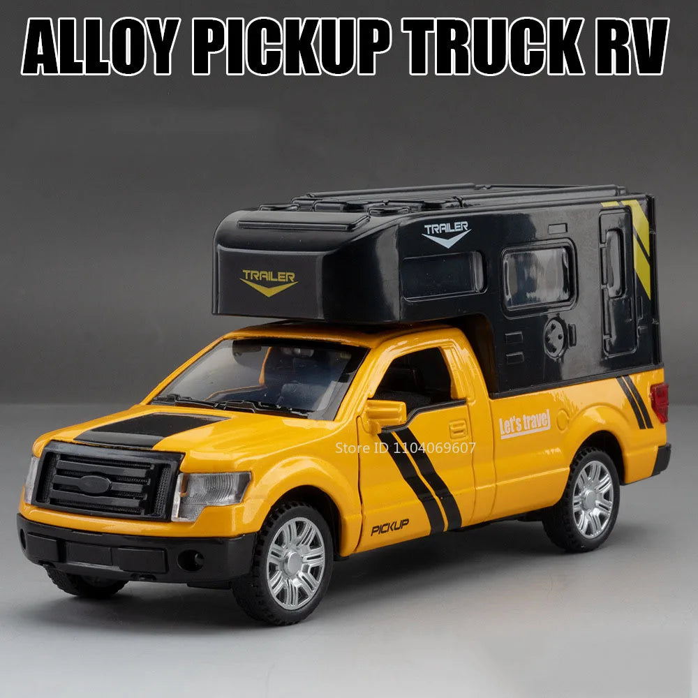 A yellow alloy pickup truck RV model with a black trailer on a gray background.