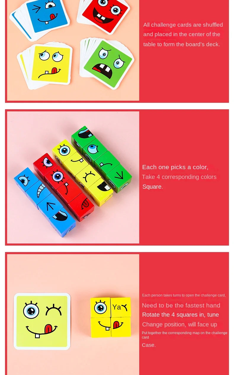 A set of challenge cards and wooden face-changing cubes for a kids puzzle game.