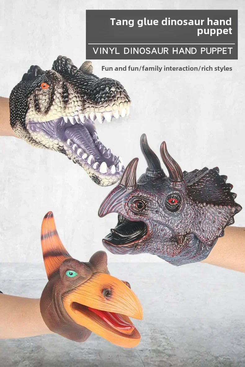 A hand puppet of a dinosaur, featuring realistic textures and colors, being held by a person.