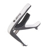Silver zinc alloy guitar capo with a black plastic body and metal hinge
