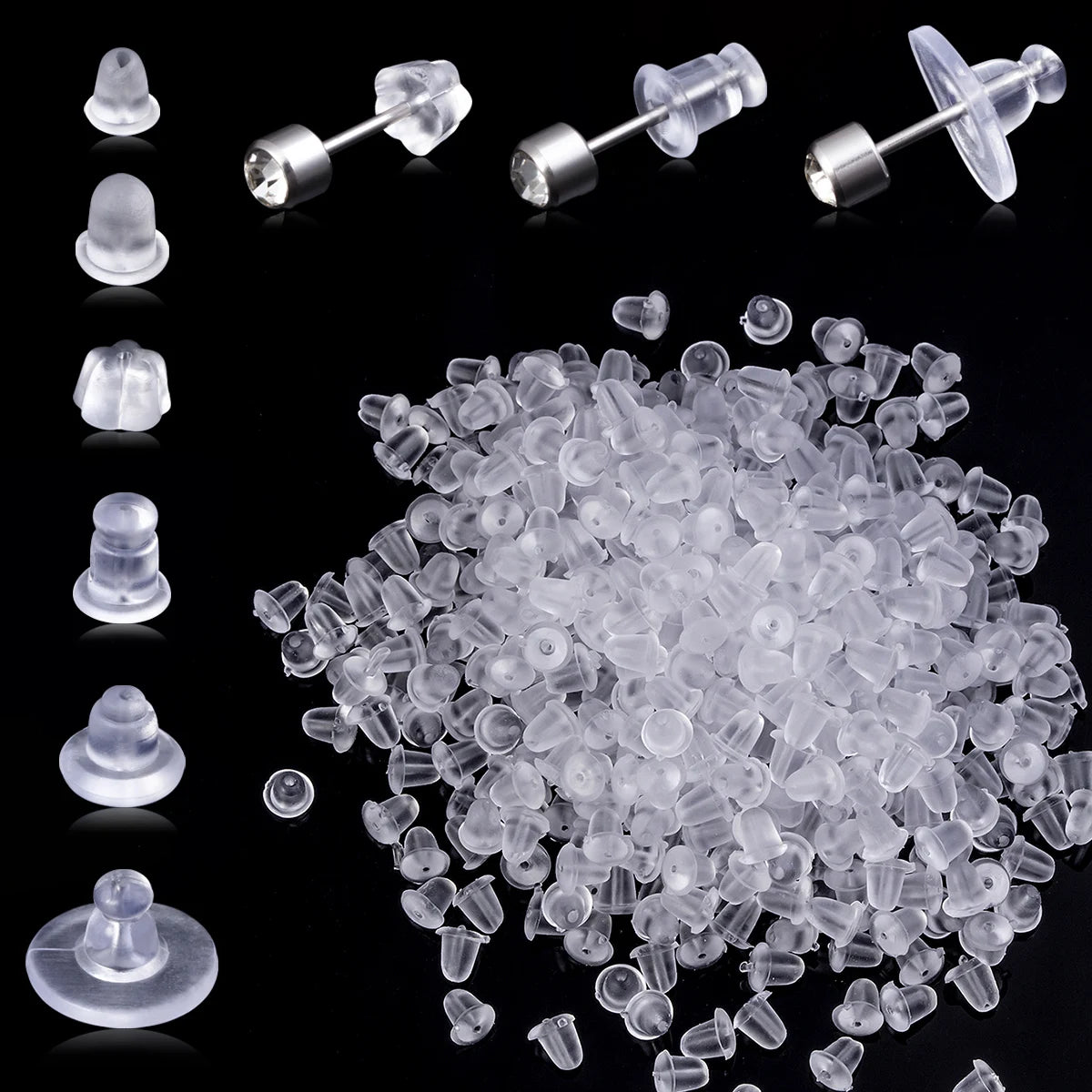 A collection of clear silicone earring backs in various stud and post styles, shown individually and in bulk.