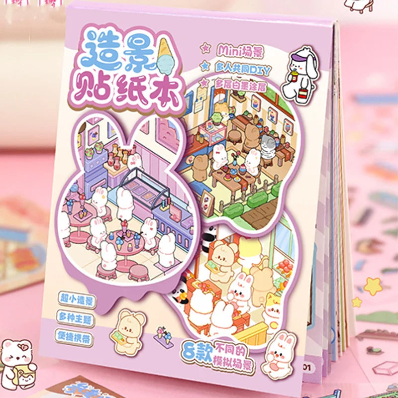 A colorful 21-piece miniature cottage 3D sticker book featuring cute white animals and scenes for journaling and crafts.