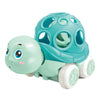 A teal rubber push and go friction car toy set with various shapes for babies.