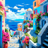 A vibrant painting depicts a sunny coastal view with colorful buildings, lush pink and green flowers, and blue sky.