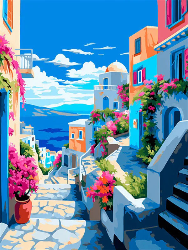 A vibrant painting depicts a sunny coastal view with colorful buildings, lush pink and green flowers, and blue sky.