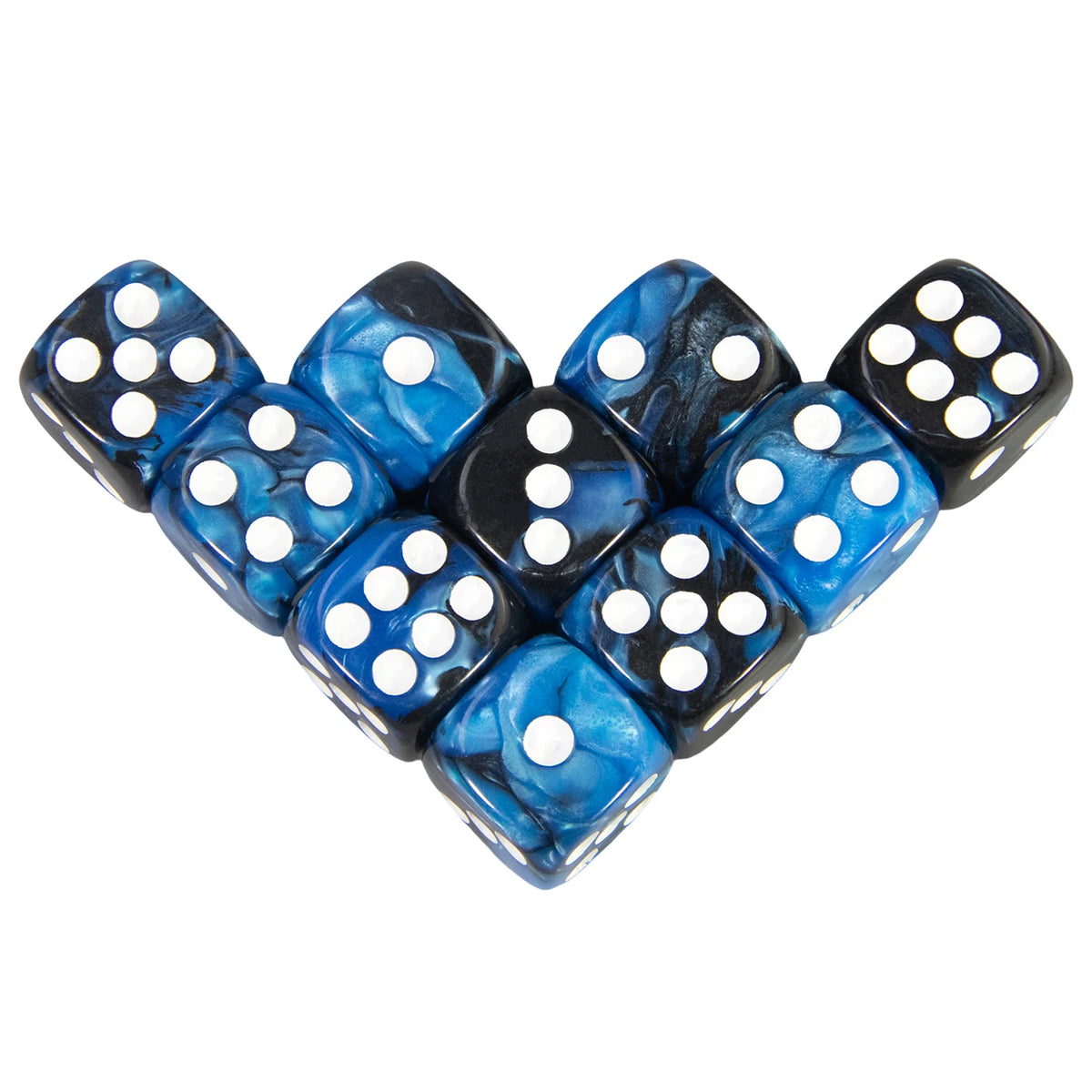 A set of ten 16mm acrylic six-sided dice in blue and black with white dots.