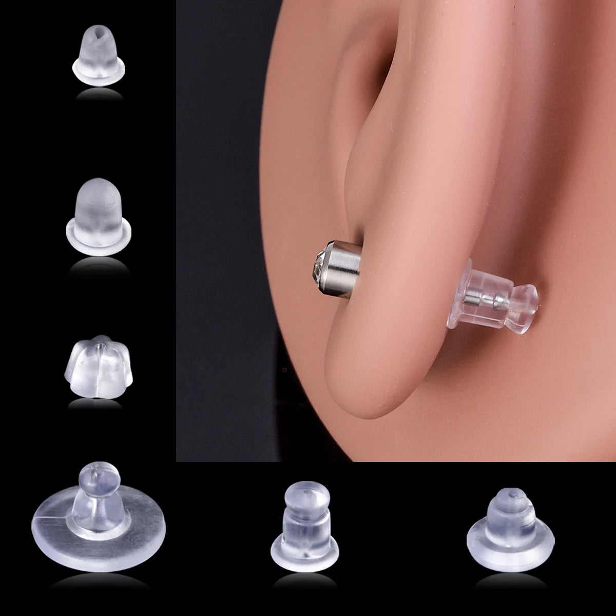 Various clear silicone earring backs shown in different shapes and sizes against a pink skin tone background.