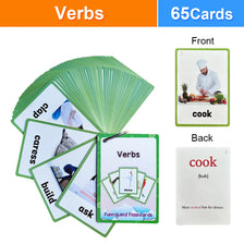 A set of 65 cards featuring action verbs like cook, dance, and build for English learning.