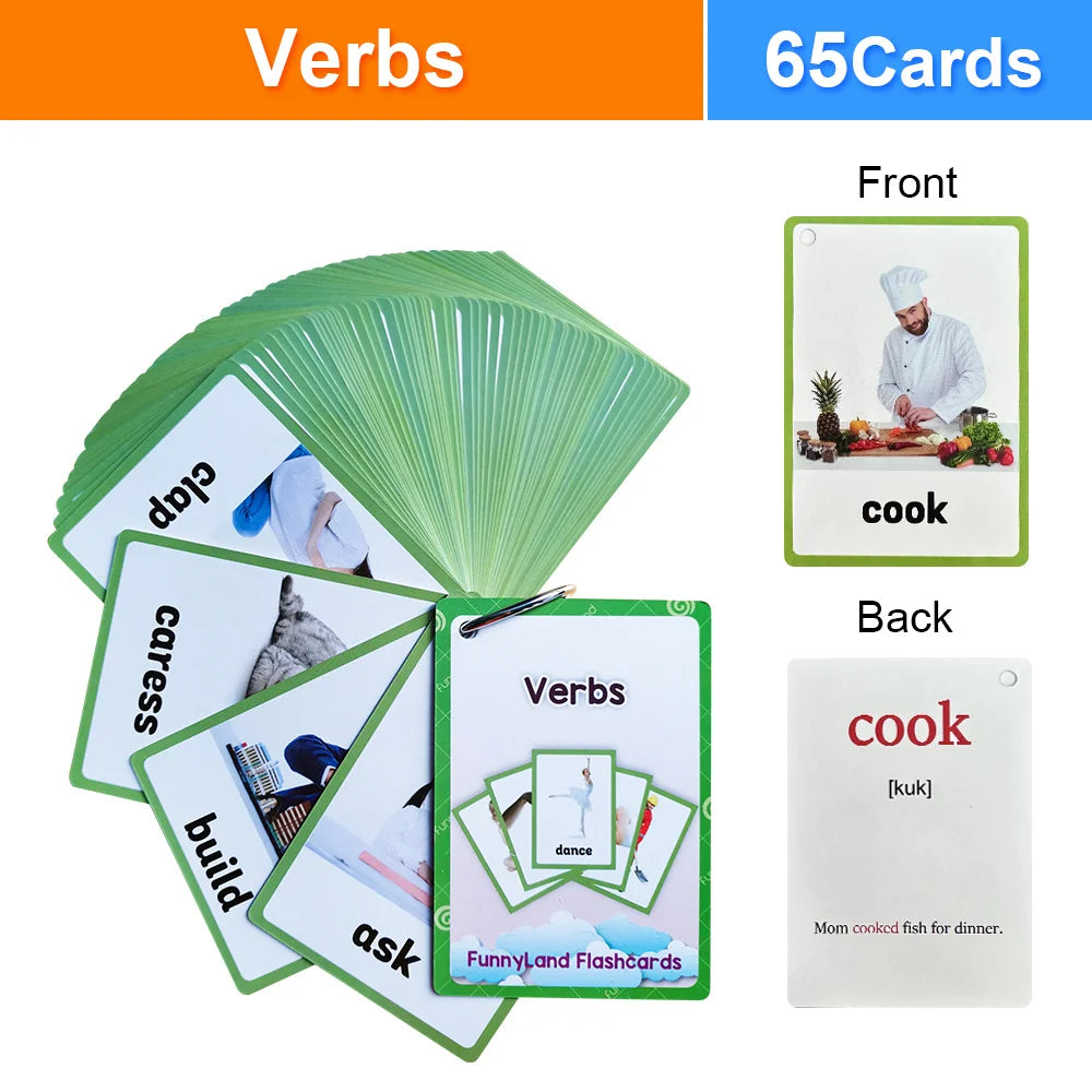 A set of 65 cards featuring action verbs like cook, dance, and build for English learning.