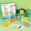 A wooden animal stacking balance game set featuring various animals and shape matching cards.