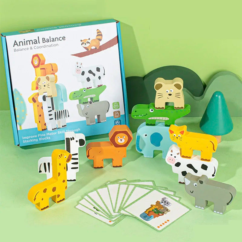 A wooden animal stacking balance game set featuring various animals and shape matching cards.